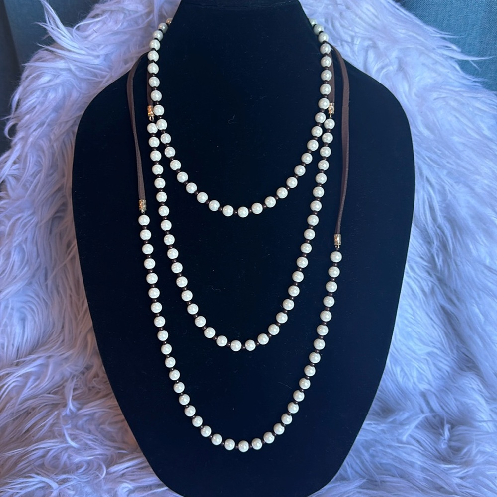 3 Strands of Faux Pearls W/Faux Leather Adjustable Straps 15”- 35”